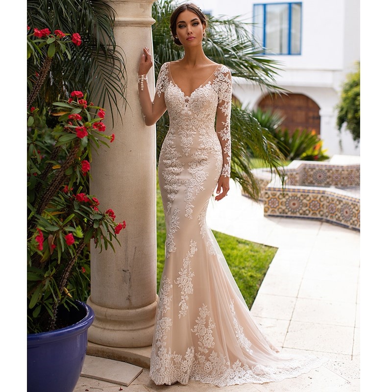 Champagne Mermaid Wedding Dress with Applique Bridal Gown