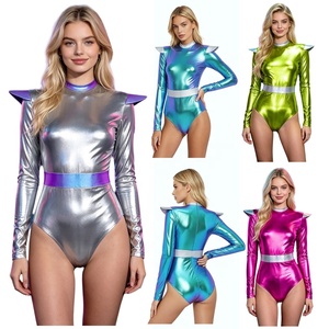 Justaucorps métallisé pour femme à manches longues, coupe haute, col montant, style rave, pour festival et clubwear, personnalisable - Product Image 1
