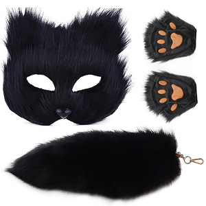 Conjunto de 3 Peças: Chaveiro de Cauda de Raposa Sintética e Máscara de Raposa de Meio Rosto – Adereços de Fantasia para Halloween e Cosplay para Adultos (Mulheres e Homens) - Product Image 4