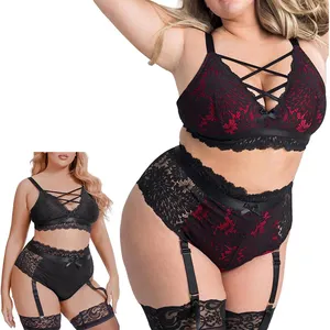 2023 New Custom XXXL 3 Piece Lingeries Sexy Grande Taille Sets With Garter And Stockings For Women