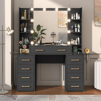 Ensemble de meubles de chambre à coucher modernes avec miroir coulissant LED, coiffeuse avec grands tiroirs de rangement et tabouret