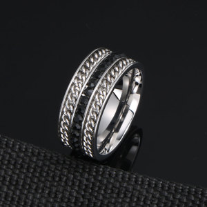<b>Titanium</b> Steel <b>Ring</b> Chain Pattern <b>Black</b> Stones Channel Setting Men's Fashion <b>Ring</b> SA1014 - Product Image 2