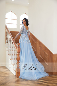Ruolai LWC6806 nuovo arrivo vestiti da sera a maniche lunghe abiti da sera <span class=keywords><strong>con</strong></span> perline <span class=keywords><strong>blu</strong></span> cielo e <span class=keywords><strong>spacco</strong></span> - Product Image 5