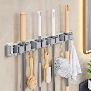 Self-Adhesive Metal <strong>Wall</strong> Mounted <strong>Mop</strong> Broom Organizer Rack with 5 Strong Hooks for Kitchen Bathroom Cleaning Tools Storage - Product Image 1
