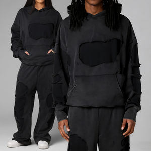 High Quality Custom Logo Breathable Unisex Distressed Hoodie <b>Set</b> Oversized Wide Leg Pants Hip Hop Vintage Sweatsuit - Product Image 1