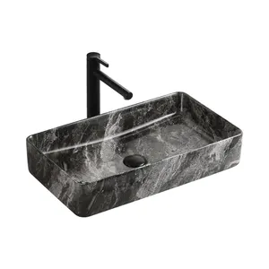 Decorative Black Marble Textured Counter Top Hand Wash Basin Ceramic Vessel Bathroom Sink