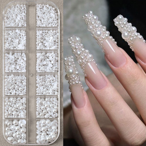 12 compartiments de perles blanches rondes/demi-rondes, breloques, perles caviar, strass et bijoux pour la décoration DIY des ongles - Product Image 1