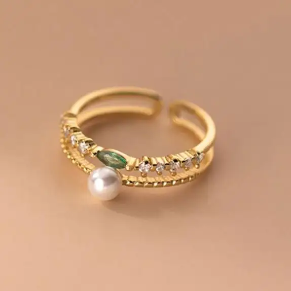 RS1024 Fine Jewelry Sterling Silver 925 Ring Double Row Cz Zircon Stone Rose Gold Green Diamond Shell Pearl Ring