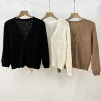 Cardigan court léger pour femme à manches 3/4, boutonné, en crochet ajouré, bord festonné, style shrug, marque privée