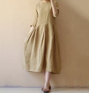 Robe plissée Vintage décontractée pour femmes, <span class=keywords><strong>grande</strong></span> <span class=keywords><strong>taille</strong></span>, femme élégante, longue, coton et lin, été 2022 - Product Image 1