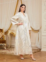 Robe longue ample en polyester à maille, col bateau, manches longues, avec imprimé feuille d'argent et broderie appliquée, style Abaya, idéale pour les banquets de l'Aïd