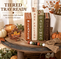 7 Pièces Décorations de Table en Bois pour l'Automne, Empilement de Livres, Feuilles Tombantes
