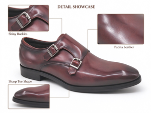 Chaussures habillées marron pour hommes à double boucle, en cuir véritable, avec bout capuchonné et boucle métallique, idéales pour mariage, bureau et affaires - Product Image 2