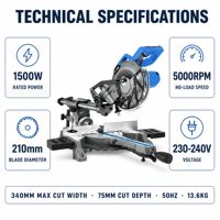 Scie à onglet électrique coulissante HERZO 1500W, lame de 210 mm, 230-240V, moteur à balais, largeur de coupe maximale de 340 mm, coupe de métaux, bricolage, industriel