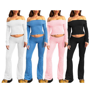 Listo para Enviar: Conjunto de Pantalones Acampanados para Mujer 2026, Top Corto de Manga Larga con Hombros Descubiertos y Leggings Acampanados, Atuendo de 2 Piezas para Descansar, <span class=keywords><strong>en</strong></span> Stock - Product Image 1