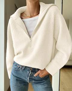 Women Casual Long Sleeve Half Zip Pullover Sweaters Solid V Neck Collar Ribbed Knitted Loose <strong>Slouchy</strong> <strong>Jumper</strong> Tops - Product Image 1