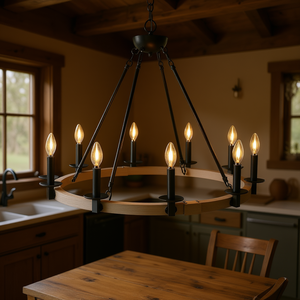 Lustre rustique de style farmhouse à 10 lumières, en métal noir mat et bois, rond, hauteur réglable, base d'ampoule E12, luminaire suspendu - Product Image 2