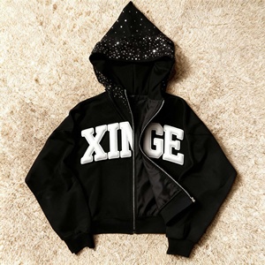 Nouvelle Collection 2026 : Sweat à Capuche Zippé Court et Ample pour Homme, Style Urbain Personnalisé, Impression 3D en Mousse Gaufrée, Grammage Lourd 450 g/m², avec Strass - Product Image 4