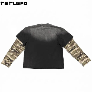 Camiseta de manga larga para hombre con efecto desgastado y camuflaje, negra con lavado ácido y apariencia de capas, fabricantes de camisetas para hombre al por mayor - Product Image 3