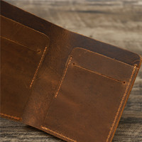 Dompet Kulit Asli Pria Retro Vintage, Buatan Tangan, Gaya Retro Sederhana dengan Penutup Terbuka, Kulit Crazy Horse, Tempat Kartu