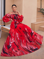 Robe élégante en mousseline de soie à manches lanterne et ourlet évasé avec imprimé aquarelle numérique et cravate à la taille pour la plage et formel