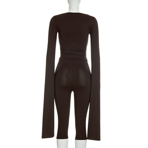 Viviblook J26ST387 Conjunto de 2 piezas de pantalones cortos ajustados de manga larga de color sólido para mujer - Product Image 3