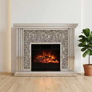 Chimenea Eléctrica Moderna con Espejo y Diamantes Triturados Plateados para Sala de Estar - Product Image 4