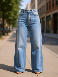 Jeans de Cintura Alta y Pierna Ancha para Mujer, Simples, de Color Sólido, Lavado Claro, Denim, Largos, Casuales, 100% Algodón, Corte Holgado, Moda de Primavera - Product Image 2