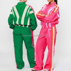 Ensemble deux pièces de survêtement pour femme, veste en nylon à fermeture éclair et pantalon de jogging en nylon, coupe-vent patchwork, fabrication OEM sur mesure - Product Image 1
