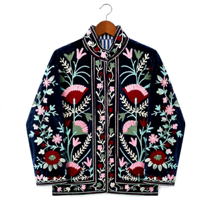 Bata de mujer con cuello en V, 100% algodón, reversible, con bordado floral azul, tipo kimono largo, con cinturón, para estar en casa, hecha a mano - Product Image 1