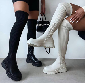 Stretchy Fabric Botin Tacon Long Style <b>Platform</b> Over the Knee Knit Thigh High <b>Boots</b> - Product Image 1