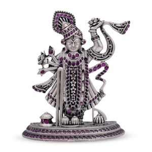 Vibrante Ídolo de Shrinathji en Piedra Rosa Púrpura con Detalles Oxidados en Plata de Ley, Estatua Religiosa de Plata Pura para Decoración del Hogar o Templo - Product Image 3