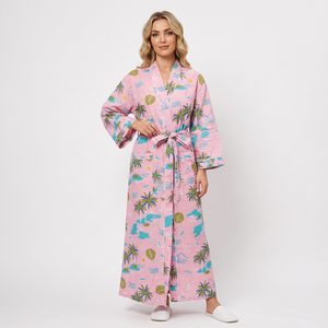 <b>Women</b> Kimono Pink Tropical Print <b>Robe</b> Full Length Three Quarter Sleeve V-neck Casual Summer Wear 100% Cotton Soft Knitted Front - Product Image 1