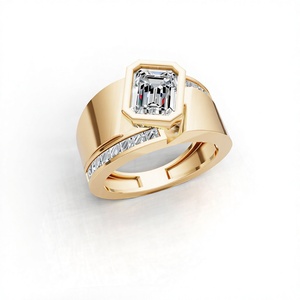 Bague de fiançailles de luxe Aarinya pour homme, en or 14 carats, sertie de diamants de laboratoire, taille émeraude, pierres latérales taille princesse, certifiée IGI, pavée - Product Image 1