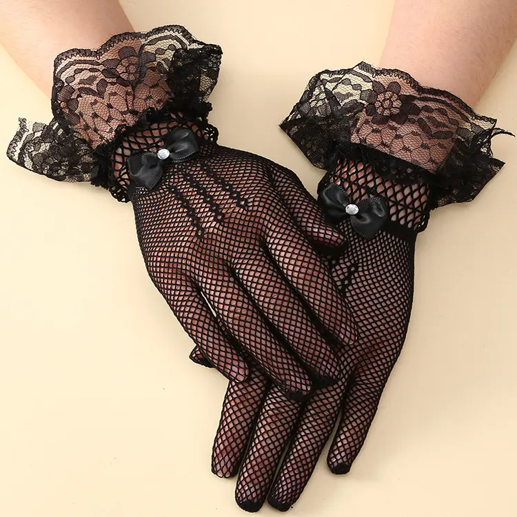 Noir blanc nœud dentelle résille gants pour femmes fête robe de mariée bal soirée mariage gants de mariée avec les doigts