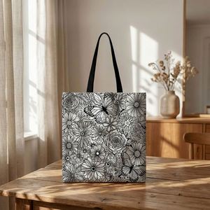 Sac fourre-tout en toile réutilisable multifonctionnel avec motif de papillons et de fleurs 2D, adapté aux supermarchés, aux écoles et aux voyages - Product Image 1