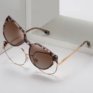High End Dual Use Eyeglasses Computer Glasses Minimalist Anti Blue Light Cat Eye Magnetic Clip On Sunglasses
