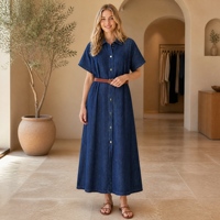 Robe chemise en jean bleu foncé décontractée pour femme, à manches courtes, col à revers, simple boutonnage, longueur midi, avec ceinture