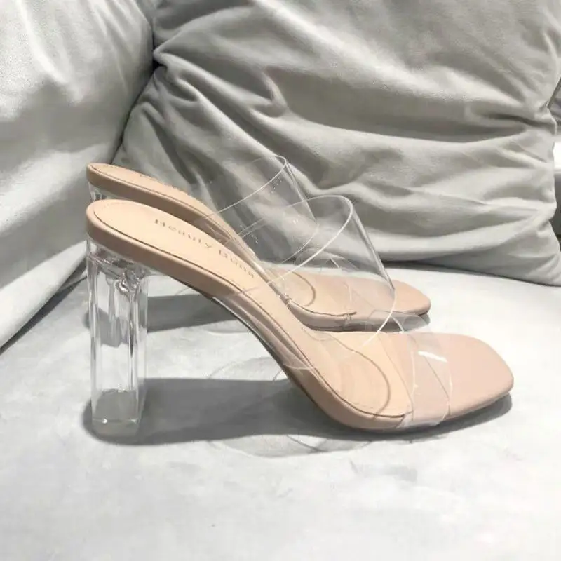 Sandali da donna di nuovo Design Sexy con tacco spesso punta aperta da donna scivola trasparente con tacchi alti estivi