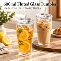 Gobelet en verre de 600 ml avec paille et couvercle, transparent, à nervures, pour café et boissons froides, vente en gros, logo personnalisé