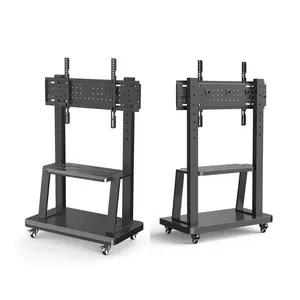 Black Large Base Rolling Floor Stand Mobile TV Cart Trolley With Wheels TV Stand Movable