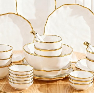 China Dinner <b>Set</b> Ceramic Golden Rim Plates Platter Dessert Dishes and Soup Bowls <b>Sets</b> 62pcs Home Dinnerware - Product Image 2