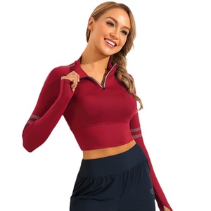 Custom Women's Breathable Plus Size <b>Cropped</b> Yoga Tank Top 1/4 Zip Pullover Slim Fit Long Sleeve Sportswear - Product Image 4
