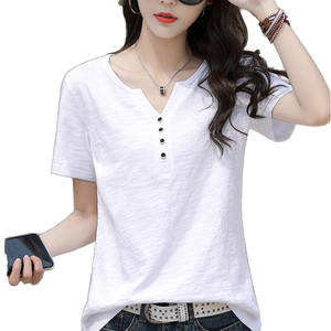 Camisetas Casuales de Algodón para Mujer, Talla Grande, Cuello en V, Manga Corta, con Decoración de Botones, Impresión Digital - Product Image 1