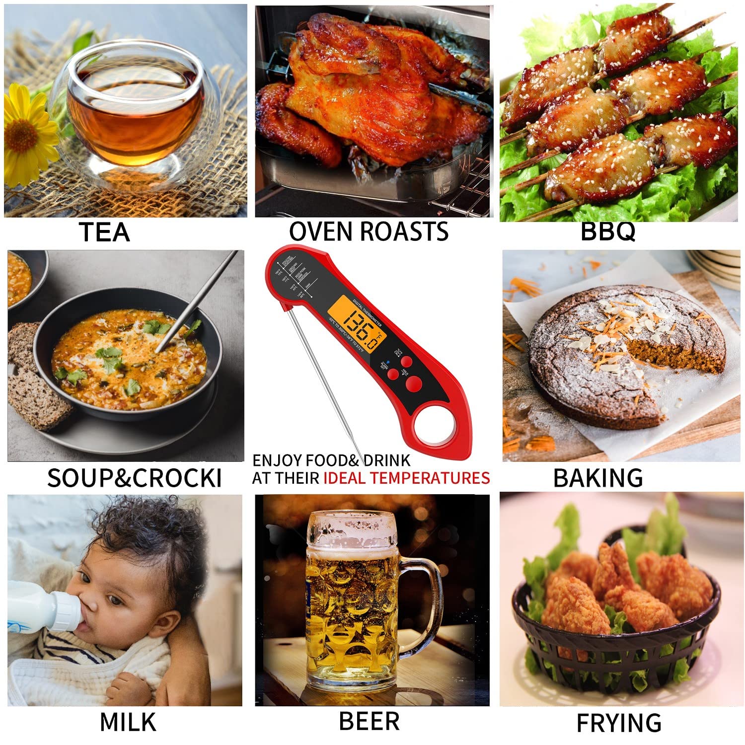 Meat Thermometer Instant Read Oven Safe 2 in 1 Dual Probe Digital Food Thermometer with Alarm Backlight