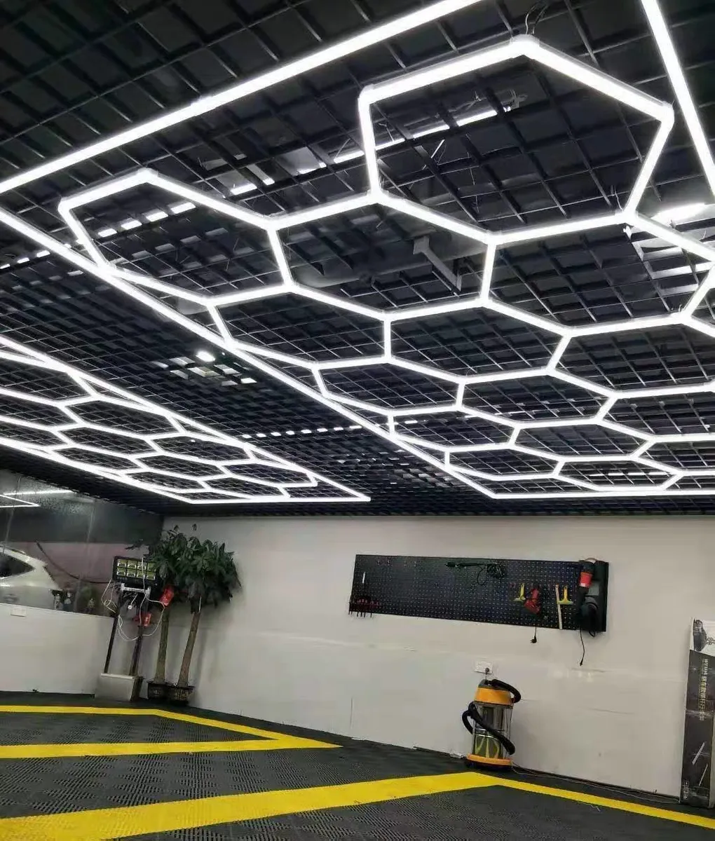 Factory Directly Deformable Hanging Modular Garage Led Lighting Ceiling For Detailing Shop Hexagonal Led Light Honeycomb Shape
