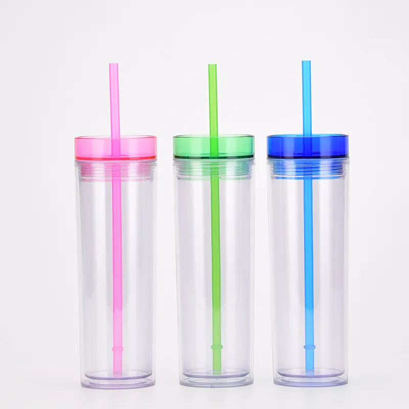 Wholesale Fashion Water Cup Skinny Double Layer Plastic Water Bottles Transparent Straw Cup Straight Body With Custom Logo