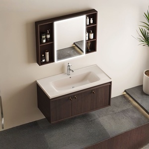 Modern Walnut Color MDF Bathroom Vanity Unit with Smart Mirror Wall-Mounted Ceramic Basin - Product Image 1