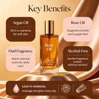 Huile de massage corporelle en gros à l'argan, rose et oud, sans alcool, parfum longue durée, hydratation après la douche, huile de soin corporel pour le Moyen-Orient