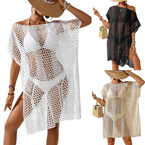 Vestido de playa sexy para mujer al por mayor, de un solo hombro, impermeable, tejido a máquina, calado, tipo pareo para bikini, ropa de resort, 100% poliéster - Product Image 1